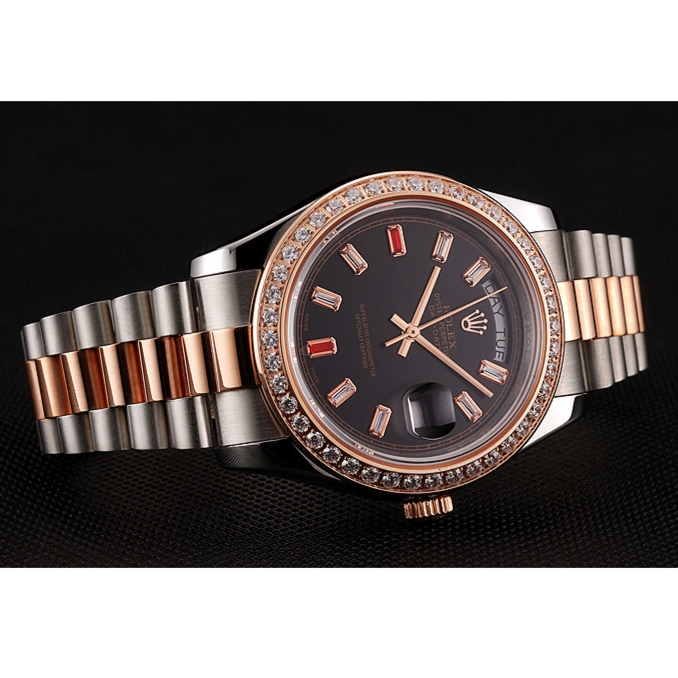 Good copy rolex watches Black Bracelet Swiss And And Diamonds Day-Date Rose Rubies Steel Gold Rolex 1454106 Staineless Dial 0803